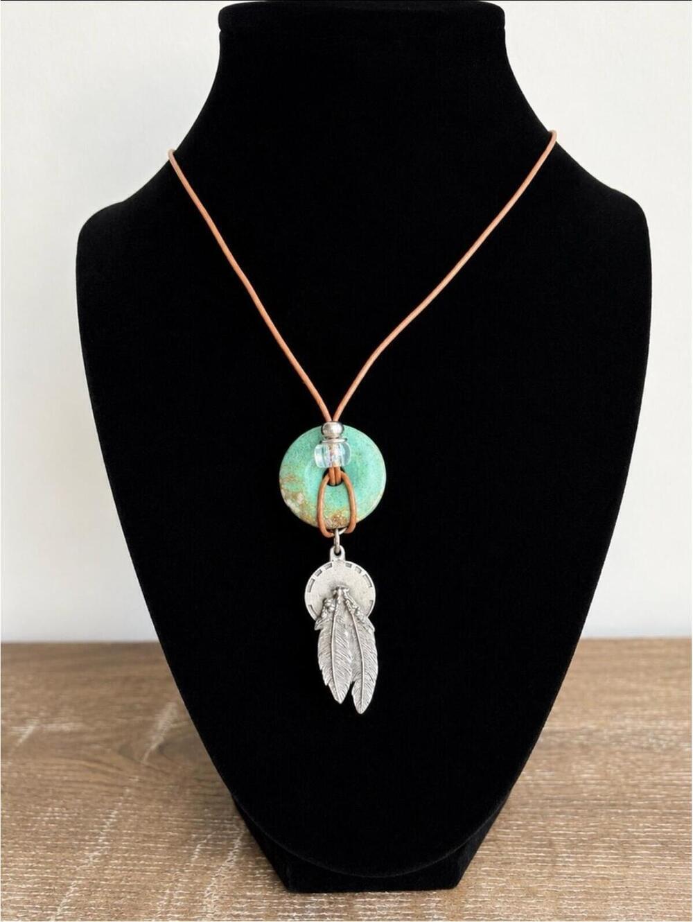 Native America SISK Turquoise Pendant Feather Necklace